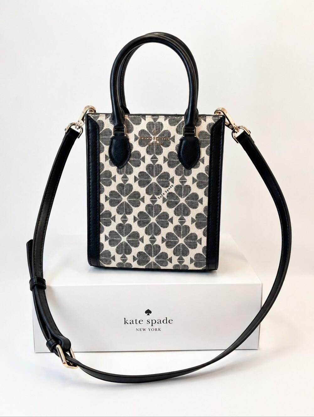 Kate Spade Spade Flower Jacquard Mini Tote Crossbody Bag Black Cream - Picture 13 of 14